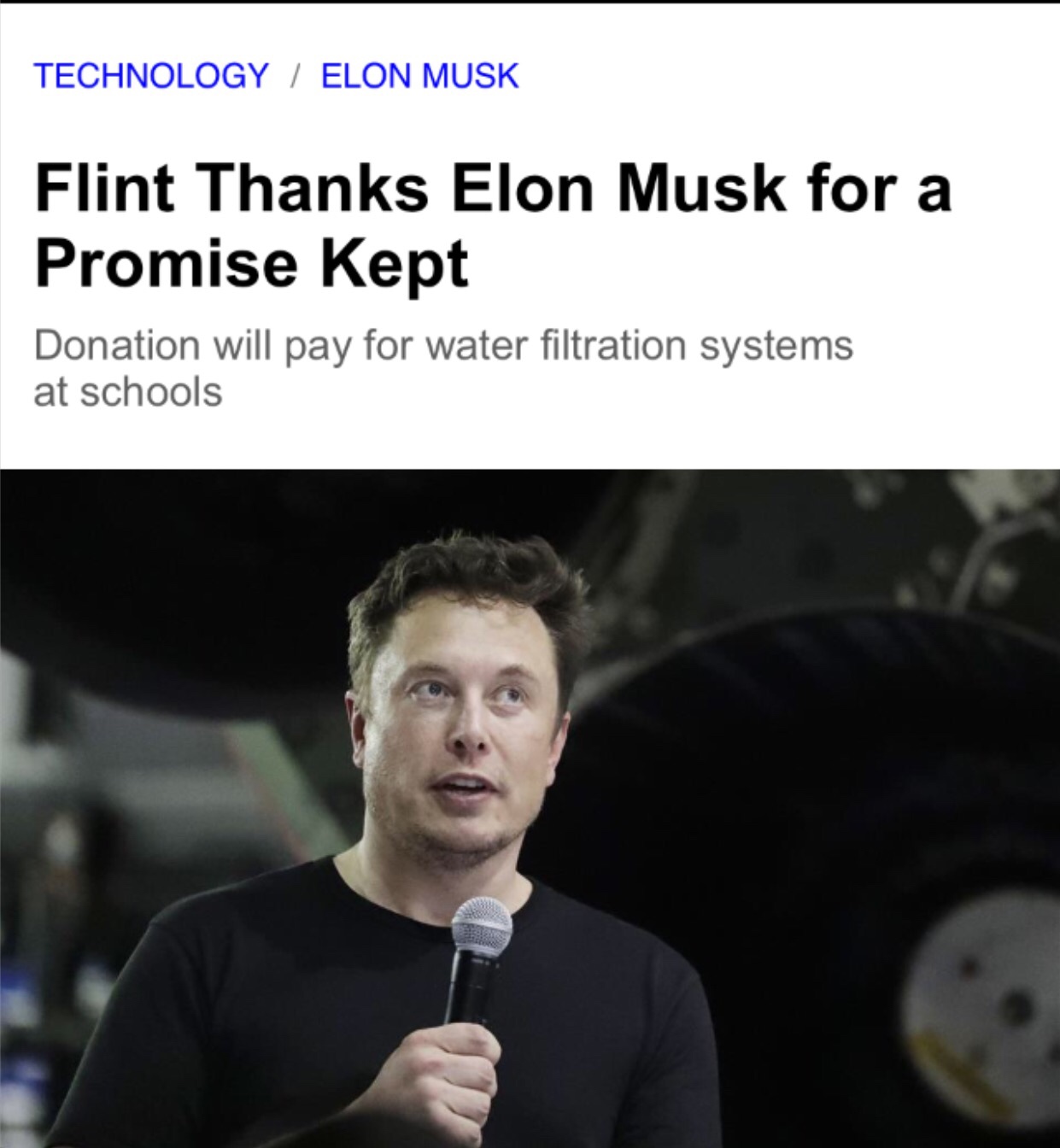 Elon Musk - Technology | Elon Musk Flint Thanks Elon Musk for a Promise Kept Donation will pay for water filtration systems at schools