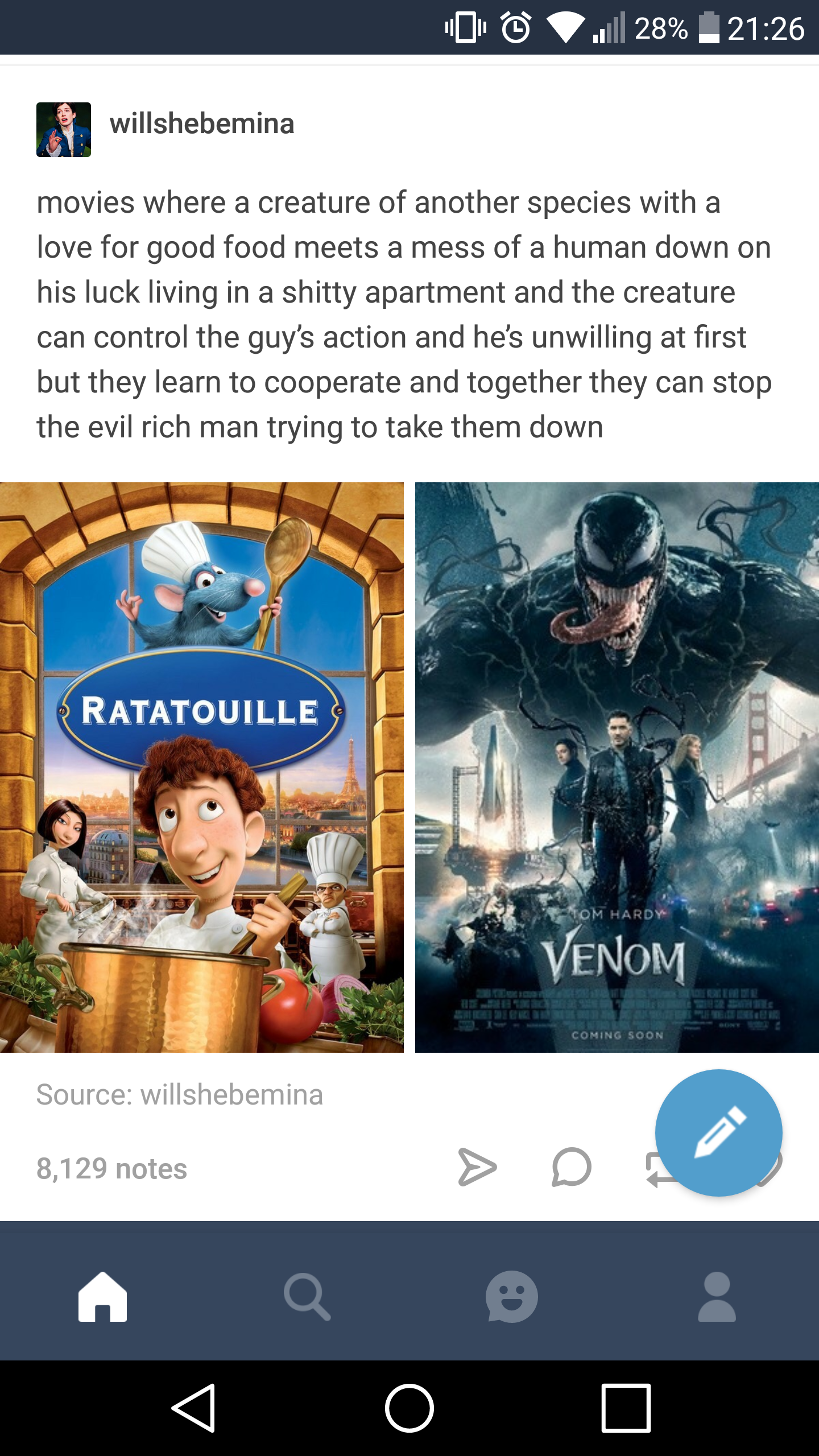 ratatouille and venom same movie - 00 .28% willshebemina movies where a creature of another species with a love for good food meets a mess of a human down on his luck living in a shitty apartment and the creature can control the guy's action and he's unwi