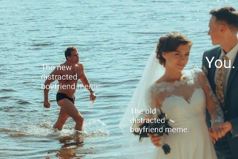 work meme about a new format for the distracted boyfriend meme showing a groom looking at a male swimmer behind his bride's back
