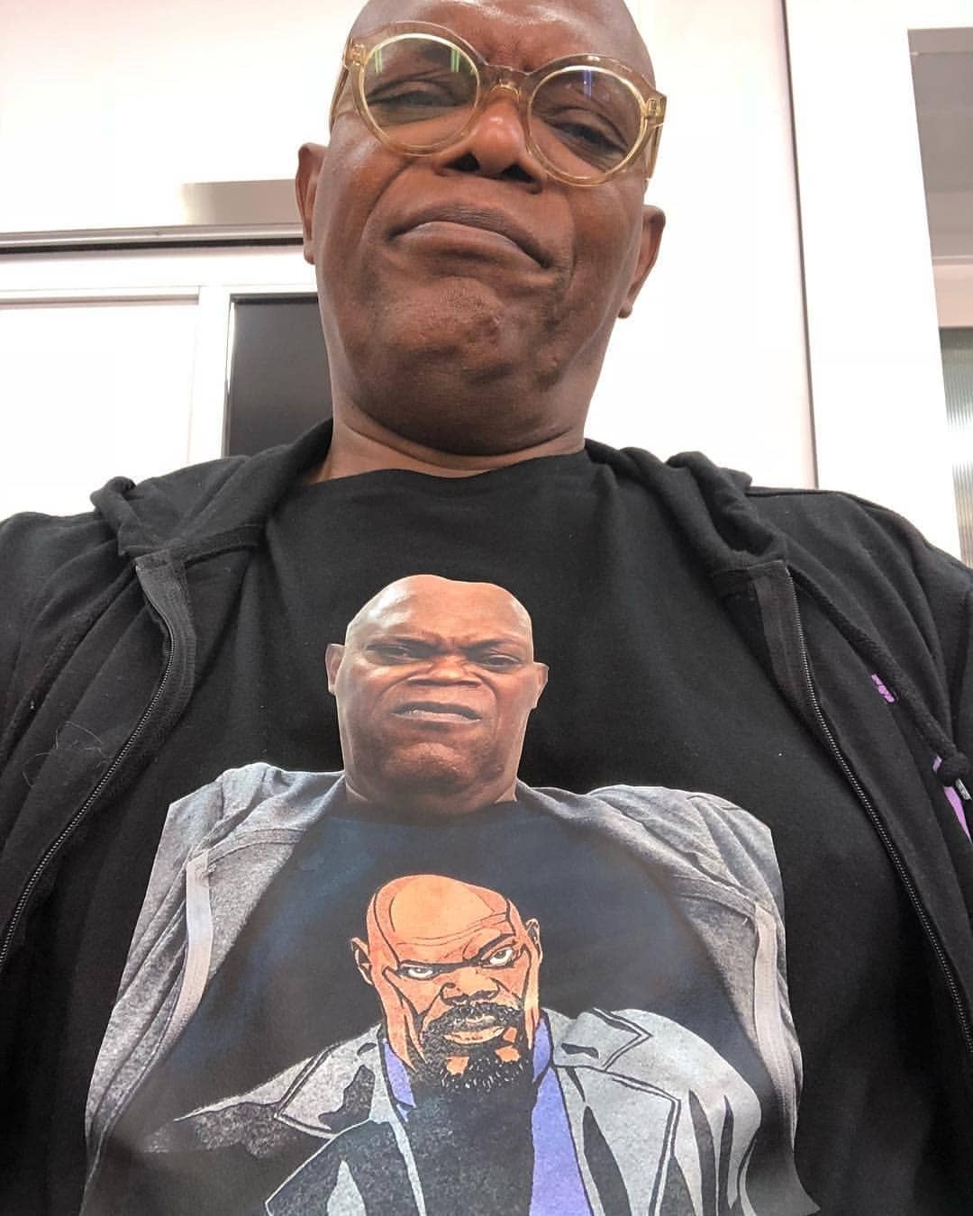 work meme with pic of Samuel L Jackson wearing a shirt with his face on it
