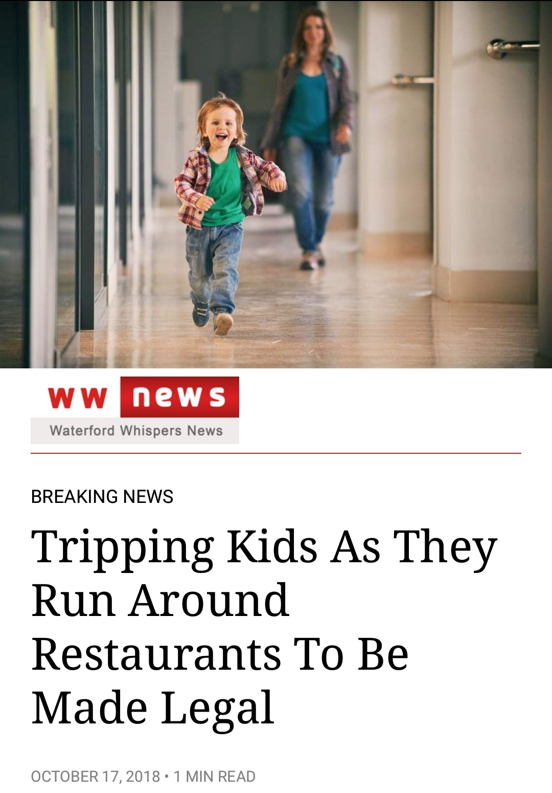 work meme with headline about it being legal to trip kids who run around restaurants