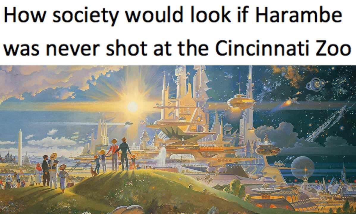 work meme about the utopian world we could have lived in with Harambe