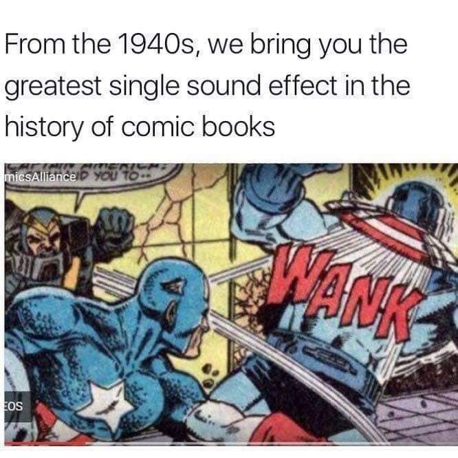 work meme with panel from a Captain America comic of him hitting someone with a "wank" sound effect