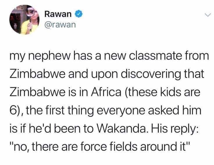 2192 brexit - Rawan Rawan my nephew has a new classmate from Zimbabwe and upon discovering that Zimbabwe is in Africa these kids are 6, the first thing everyone asked him is if he'd been to Wakanda. His "no, there are force fields around it"