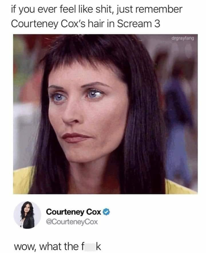 courteney cox hair scream 3 - if you ever feel shit, just remember Courteney Cox's hair in Scream 3 drgrayfang Courteney Cox wow, what the fk