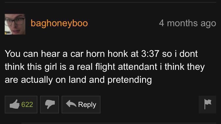pornhub comment section template - baghoneyboo 4 months ago You can hear a car horn honk at so i dont think this girl is a real flight attendant i think they are actually on land and pretending 622