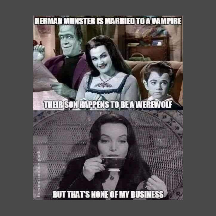 munster morticia addams meme - Herman Munster Is Married To A Vampire Their Son Happens To Be A Werewolf fb.comizombiespanke But Thats None Of My Business