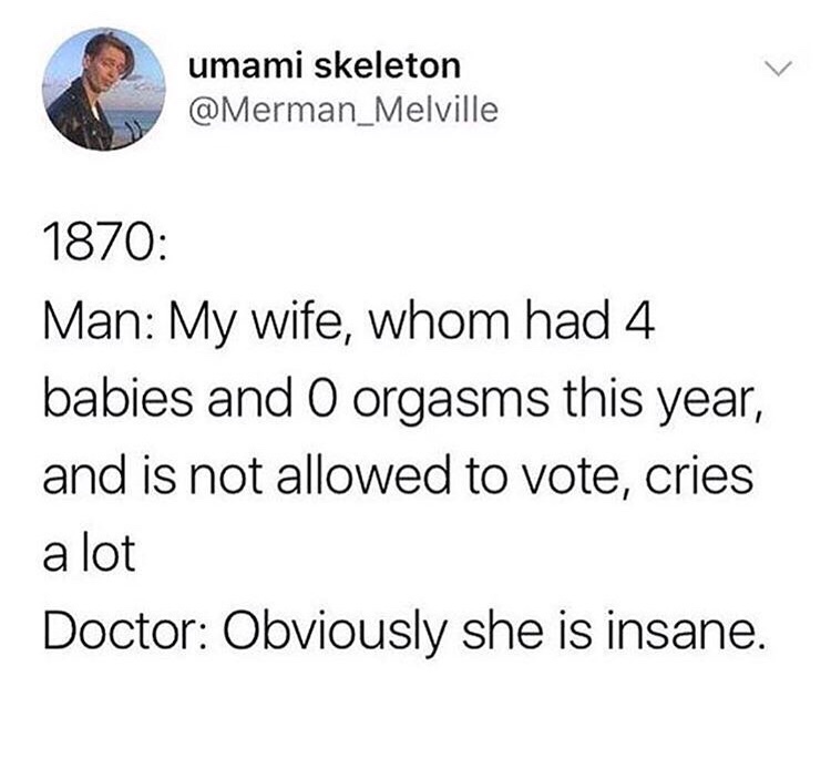 obviously she's insane - umami skeleton 1870 Man My wife, whom had 4 babies and O orgasms this year, and is not allowed to vote, cries a lot Doctor Obviously she is insane.