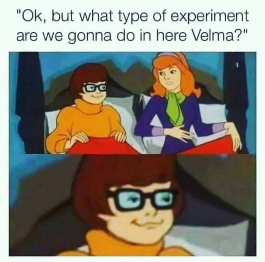 velma experiment meme - "Ok, but what type of experiment are we gonna do in here Velma?"