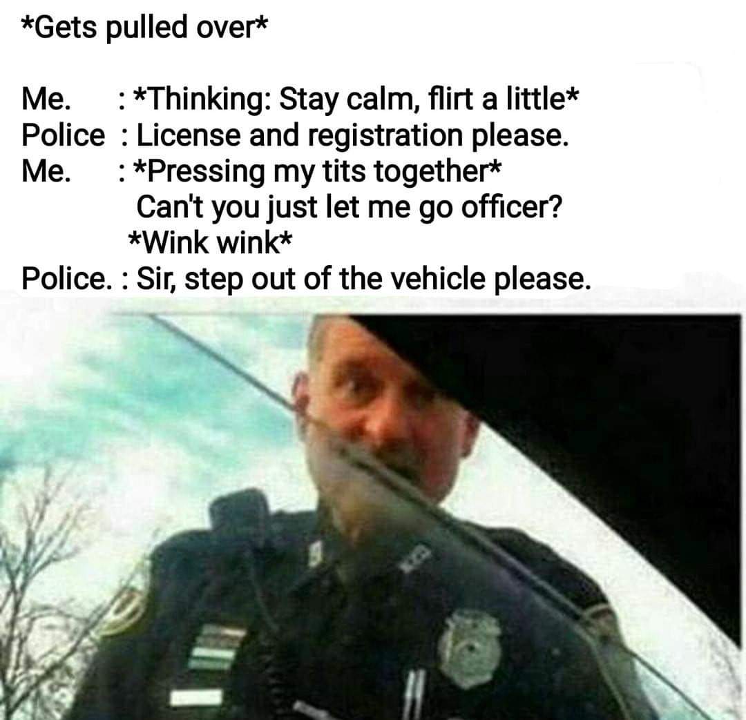 license and registration meme - Gets pulled over Me. Thinking Stay calm, flirt a little Police License and registration please. Me. Pressing my tits together Can't you just let me go officer? Wink wink Police. Sir, step out of the vehicle please.