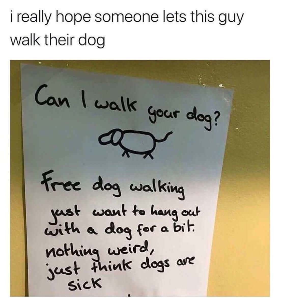 funny memes to start the day off - i really hope someone lets this guy walk their dog Can I walk your dog? free dog walking just want to hang out with a dog for a bit. nothing weird, just think dogs are sick