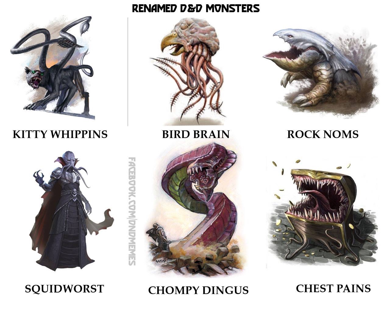 dungeons and dragons monsters - Renamed D&D Monsters Kitty Whippins Bird Brain Rock Noms Facebook.ComDndmemes Squidworst Chompy Dingus Chest Pains