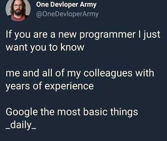 presentation - One Devloper Army If you are a new programmer I just want you to know me and all of my colleagues with years of experience Google the most basic things _daily_