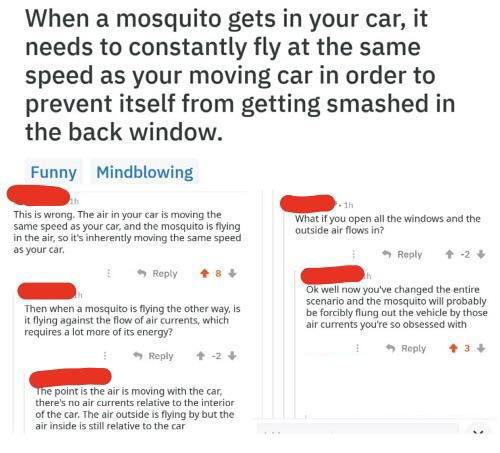 document - When a mosquito gets in your car, it needs to constantly fly at the same speed as your moving car in order to prevent itself from getting smashed in the back window. Funny Mindblowing This is wrong. The air in your car is moving the same speed 