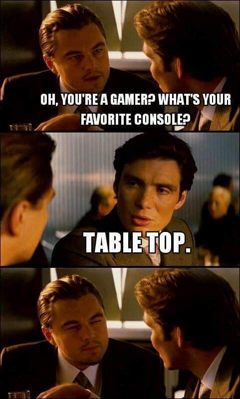 Inception meme with Leonardo Dicaprio squinting about table top console as a type