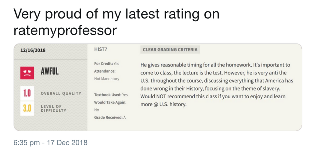 diagram - Very proud of my latest rating on ratemyprofessor 12162018 HIST7 Clear Grading Criteria Awful For Credit Yes Attendance Not Mandatory He gives reasonable timing for all the homework. It's important to come to class, the lecture is the test. Howe