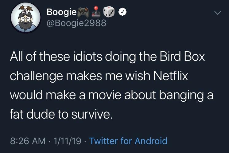 memes - devil wears prada - Boogie 10 All of these idiots doing the Bird Box challenge makes me wish Netflix would make a movie about banging a fat dude to survive. . 11119 Twitter for Android