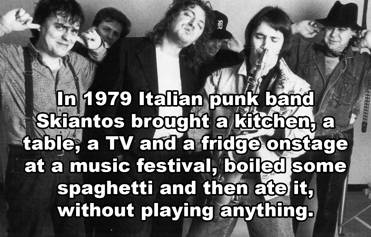 nostrum jeans - In 1979 Italian punk band Skiantos brought a kitchen, a table, a Tv and a fridge onstage at a music festival, boiled some spaghetti and then ate it, without playing anything.