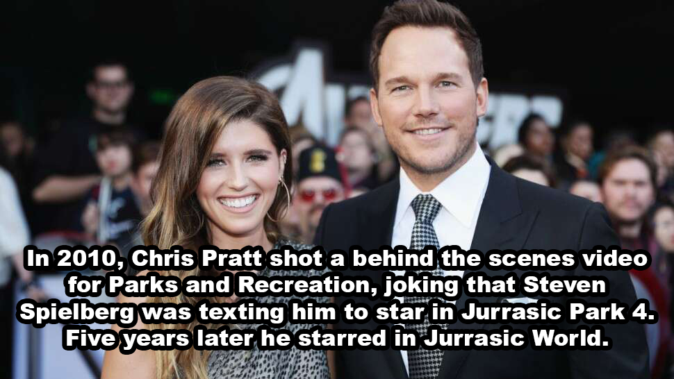 chris pratt - In 2010, Chris Pratt shot a behind the scenes video for Parks and Recreation, joking that Steven Spielberg was texting him to star in Jurrasic Park 4. Five years later he starred in Jurrasic World. Ke