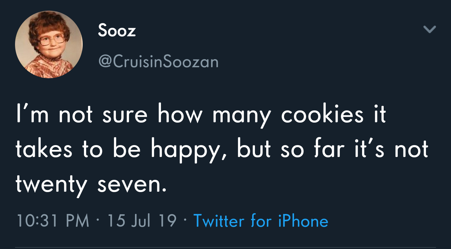 being yourself - Sooz I'm not sure how many cookies it takes to be happy, but so far it's not twenty seven.