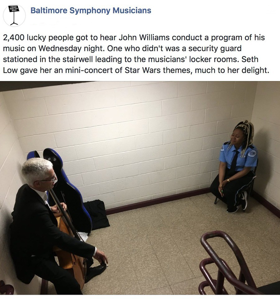 presentation - Baltimore Symphony Musicians 2,400 lucky people got to hear John Williams conduct a program of his music on Wednesday night. One who didn't was a security guard stationed in the stairwell leading to the musicians' locker rooms.