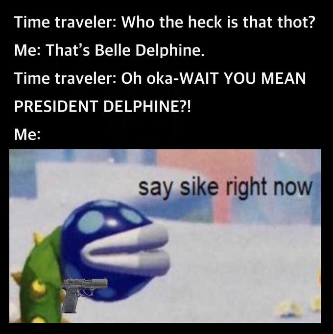 belle delphine time traveler meme - Time traveler Who the heck is that thot? Me That's Belle Delphine. Time traveler Oh okaWait You Mean President Delphine?! Me say sike right now