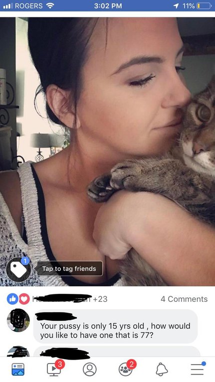 photo caption - . Rogers 1 11% O Tap to tag friends 23 4 Your pussy is only 15 yrs old, how would you to have one that is 77?