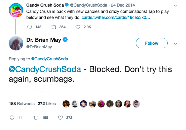 web page - Candy Crush Soda CrushSoda Candy Crush is back with new candies and crazy combinations! Tap to play below and see what they do! cards.twitter.comcards18ce53x0... 148 Cz 364 Dr. Brian May May Crush Soda CrushSoda Blocked. Don't try this again, s