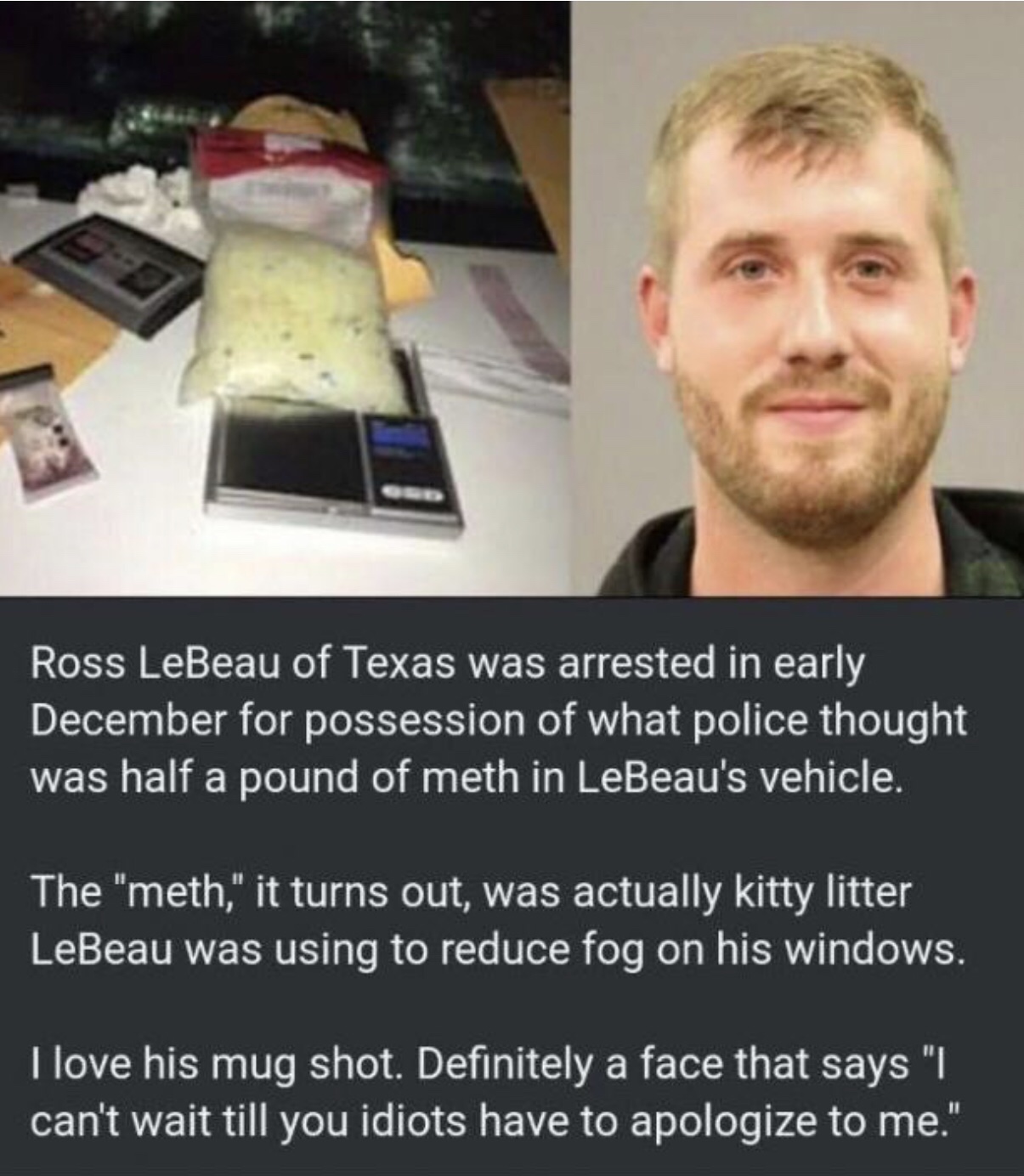 man arrested for cat litter - Ross LeBeau of Texas was arrested in early December for possession of what police thought was half a pound of meth in LeBeau's vehicle. The "meth," it turns out, was actually kitty litter LeBeau was using to reduce fog on his