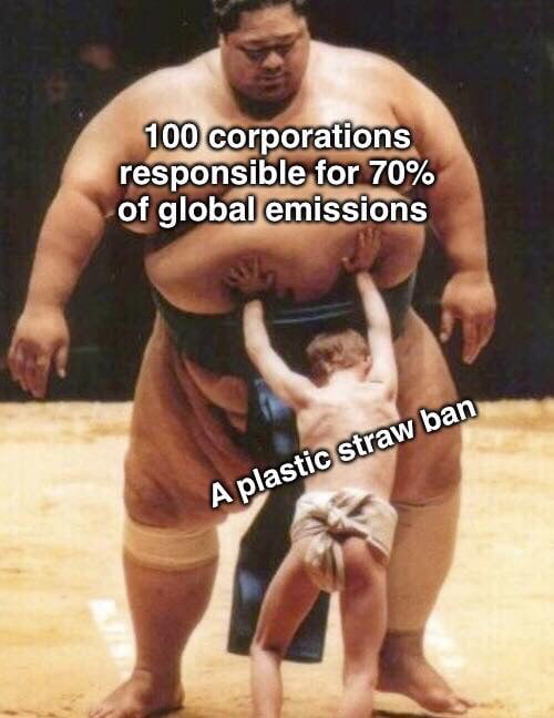 sumo wrestler with glasses - 100 corporations responsible for 70% of global emissions A plastic straw ban