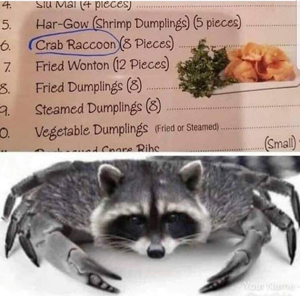 crab raccoons - 4. 5. 6. 7. 8. 2. 0. Siu mai 4 pieces. HarGow Shrimp Dumplings 5 pieces Crab Raccoon 8 Pieces... Fried Wonton 12 Pieces Fried Dumplings 8 ...... Steamed Dumplings 8 Vegetable Dumplings Fried or Steamed... dcnare Rihe ...Small