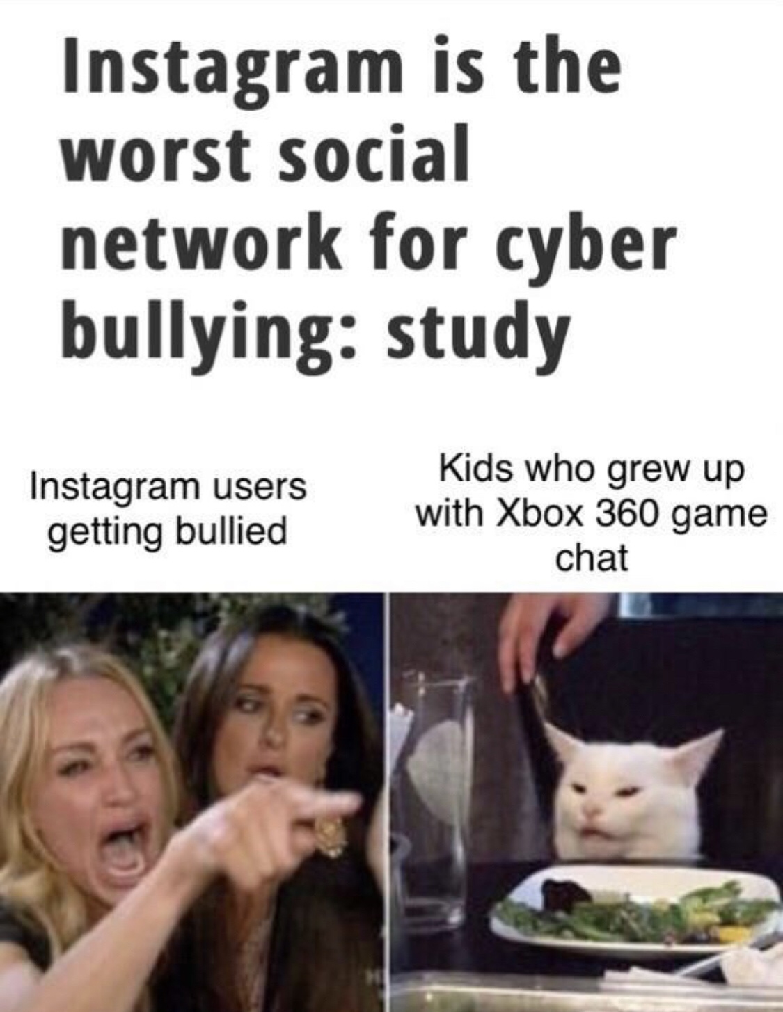 Meme - Instagram is the worst social network for cyber bullying study Instagram users getting bullied Kids who grew up with Xbox 360 game chat