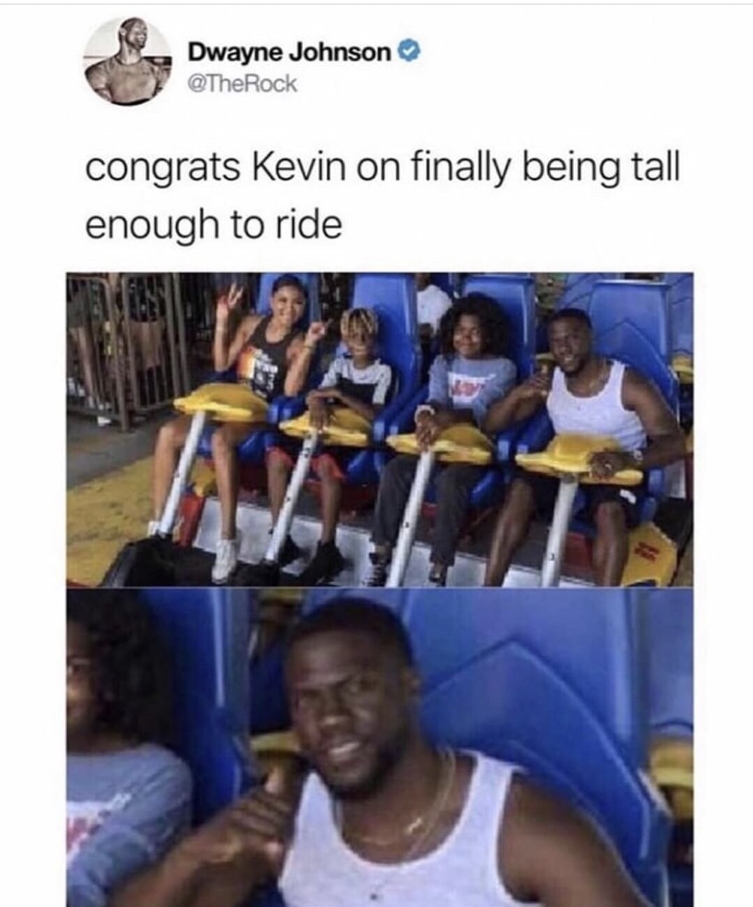 congrats kevin on finally being tall enough - Dwayne Johnson congrats Kevin on finally being tall enough to ride
