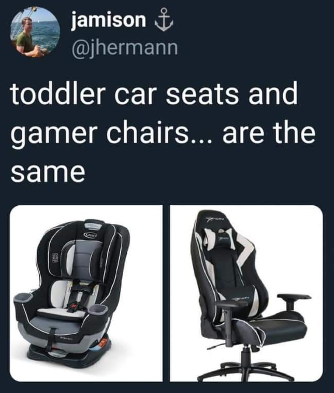 toddler car seats and gamer chairs - jamison $ toddler car seats and gamer chairs... are the same