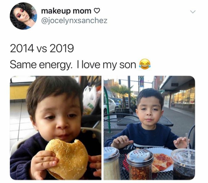 Child - makeup mom 2014 vs 2019 Same energy. I love my son e