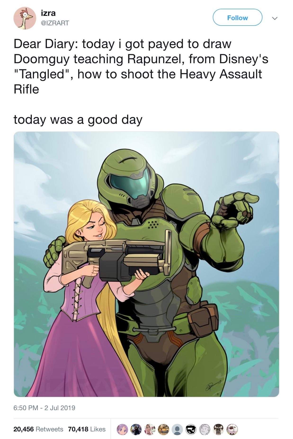 doomguy teaching rapunzel - izra Dear Diary today i got payed to draw Doomguy teaching Rapunzel, from Disney's "Tangled", how to shoot the Heavy Assault Rifle today was a good day 20,456 70,418