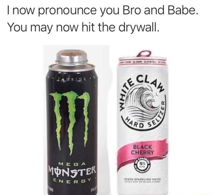 monster can - I now pronounce you Bro and Babe. You may now hit the drywall. cart Ihm
