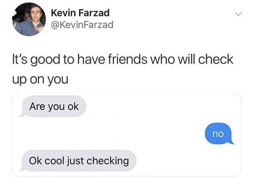 you ok no ok just checking - Kevin Farzad Farzad It's good to have friends who will check up on you Are you ok no Ok cool just checking