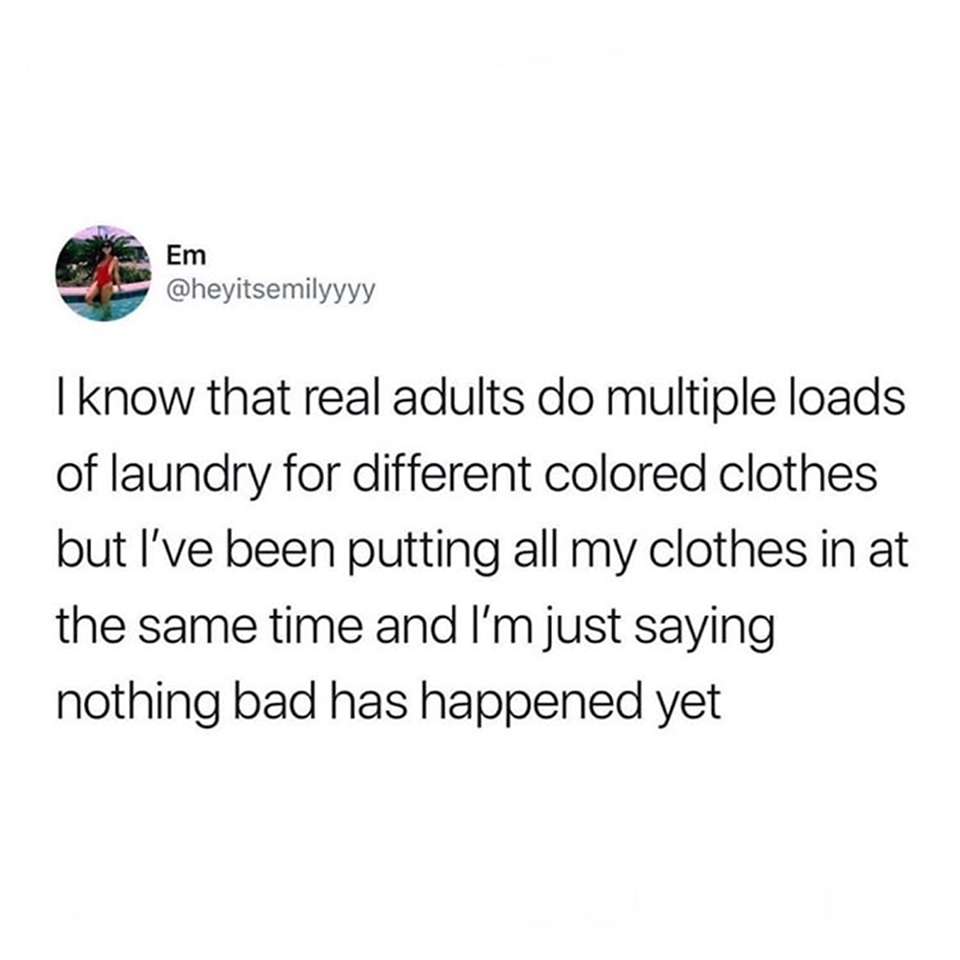 separating laundry meme - Em I know that real adults do multiple loads of laundry for different colored clothes but I've been putting all my clothes in at the same time and I'm just saying nothing bad has happened yet
