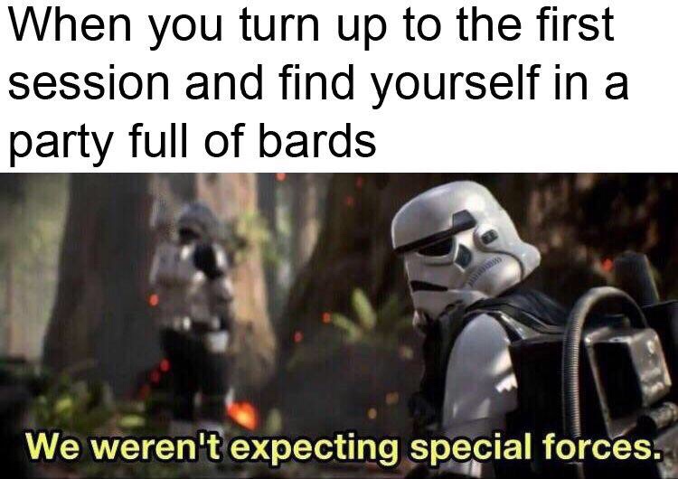 dnd memes - When you turn up to the first session and find yourself in a party full of bards We weren't expecting special forces.