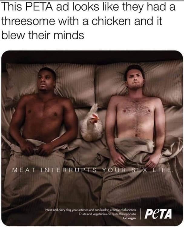 peta funny ad - This Peta ad looks they had a threesome with a chicken and it blew their minds Meat Interrupts Your Sex Life Meat and dairy clog your arteries and can lead to erectile dysfunction Fruits and vegetables do qute the apposito. Go vegan vetem 