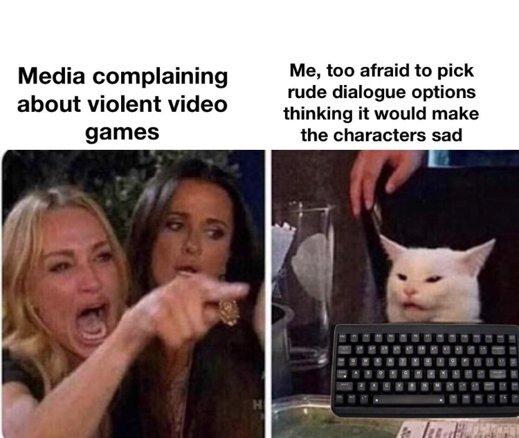 lady yelling at confused cat meme - Media complaining about violent video games Me, too afraid to pick rude dialogue options thinking it would make the characters sad