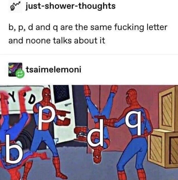 on  b,p, d and q are the same fucking letter and noone talks about it 3 tsaimelemoni