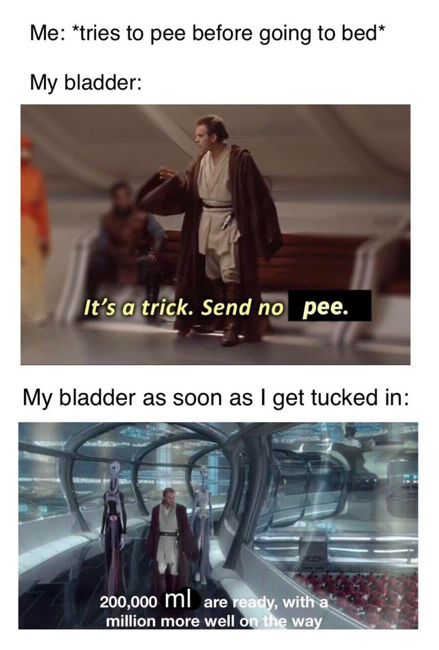 prequel memes clean - Me tries to pee before going to bed My bladder It's a trick. Send no pee. My bladder as soon as I get tucked in 200,000 ml are ready, with a million more well on the way