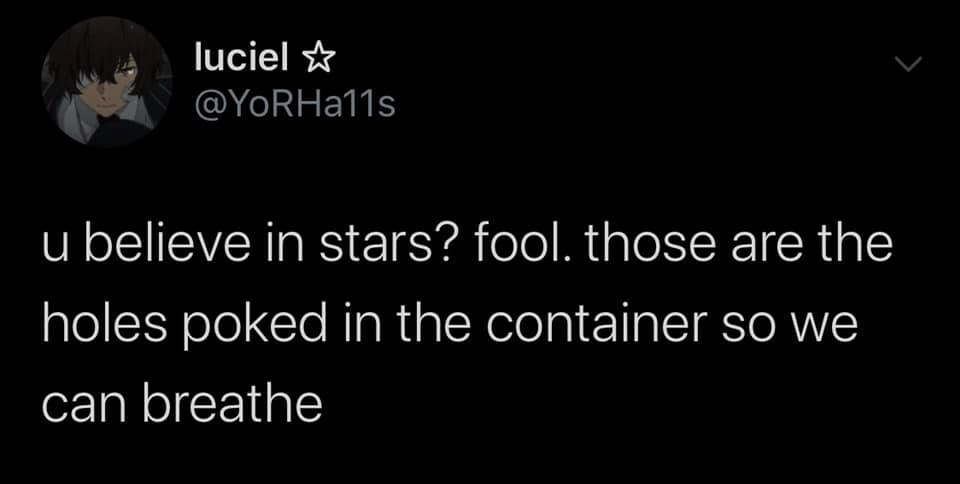 darkness - luciel u believe in stars? fool. those are the holes poked in the container so we can breathe