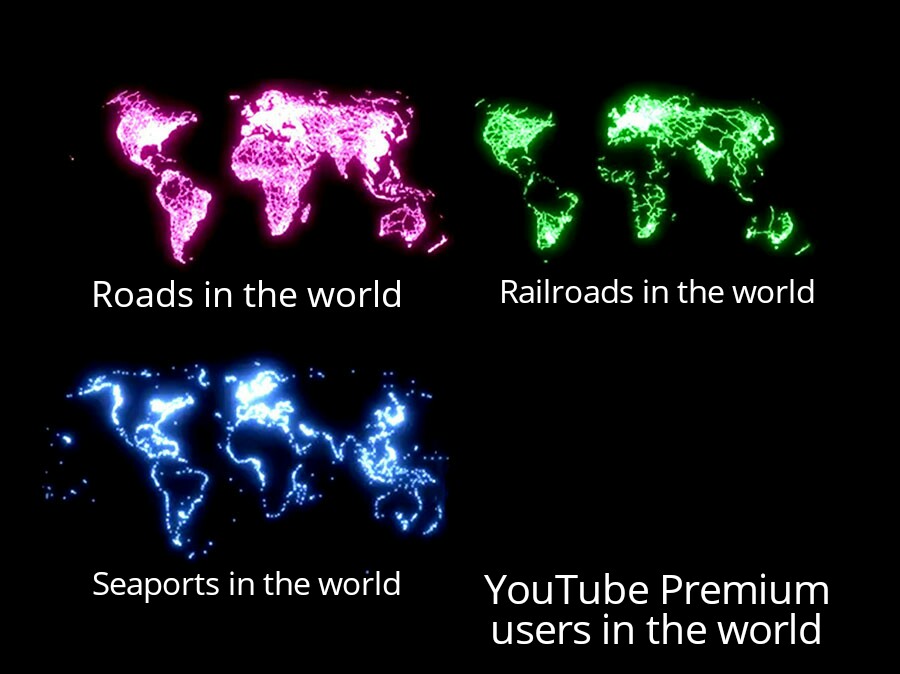 harry potter jokes - 'Roads in the world, Railroads in the world Seaports in the world YouTube Premium users in the world