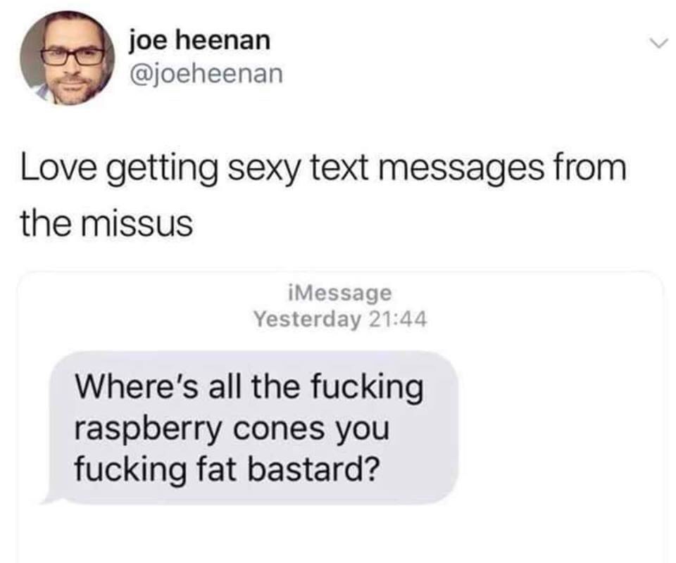 love getting sexy text messages from the missus - joe heenan Love getting sexy text messages from the missus iMessage Yesterday Where's all the fucking raspberry cones you fucking fat bastard?