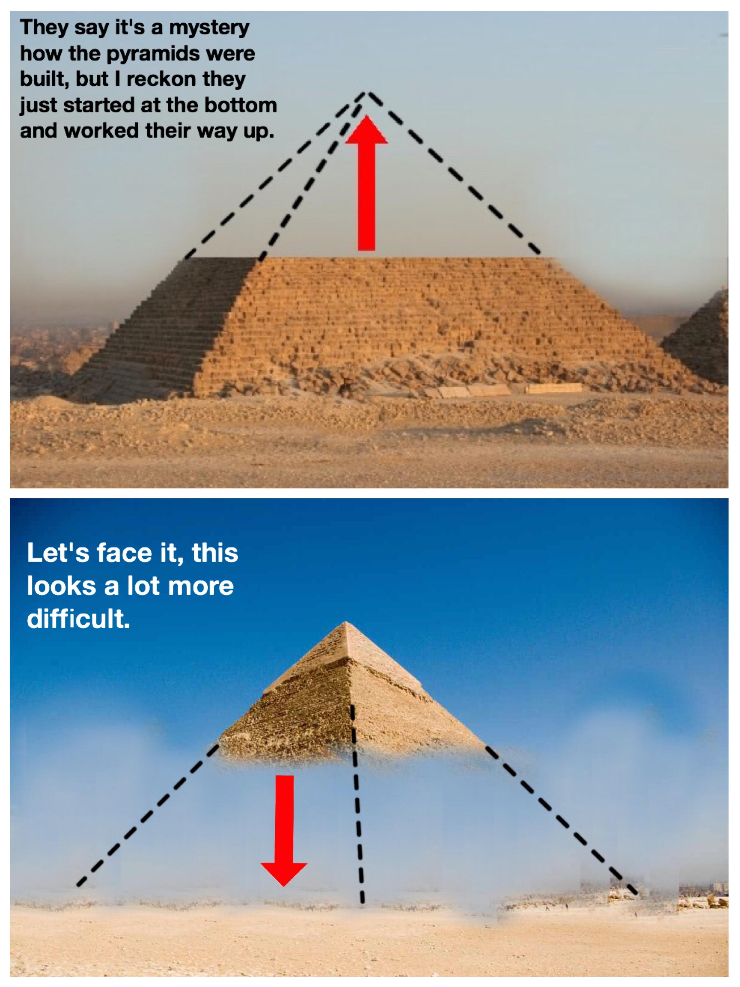 were the pyramids built reddit - They say it's a mystery how the pyramids were built, but I reckon they just started at the bottom and worked their way up. Let's face it, this looks a lot more difficult.
