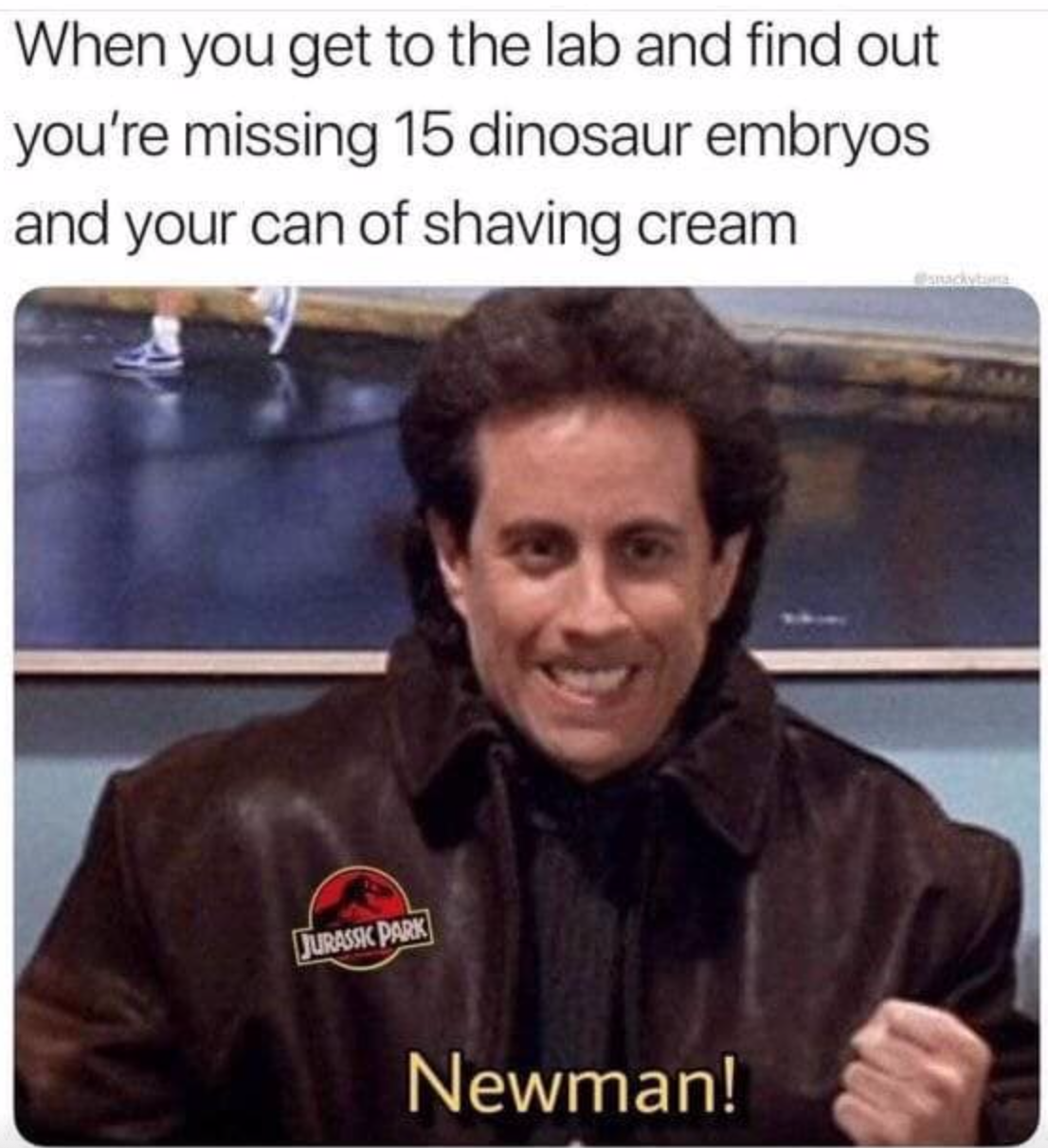 jerry seinfeld newman - When you get to the lab and find out you're missing 15 dinosaur embryos and your can of shaving cream Jurassic Park Newman!