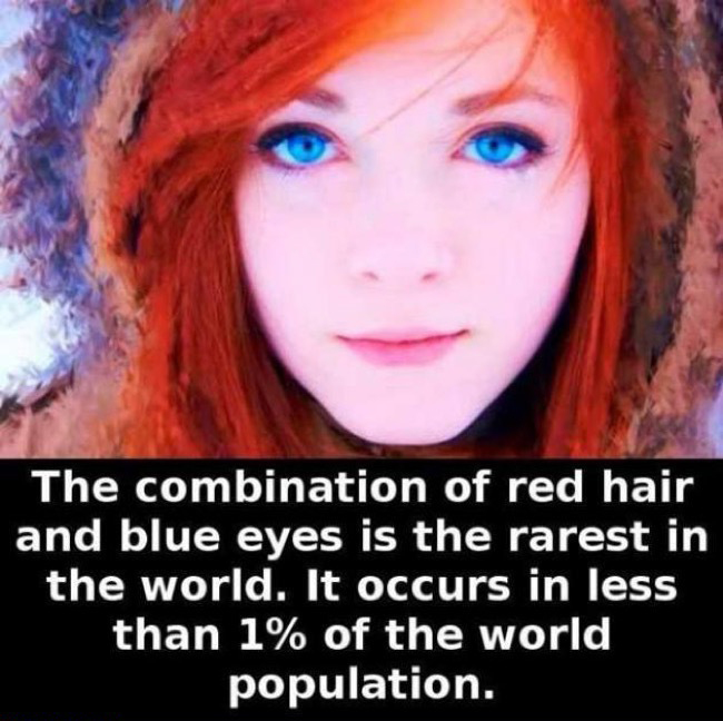combination of red hair and blue eyes - The combination of red hair and blue eyes is the rarest in the world. It occurs in less than 1% of the world population.
